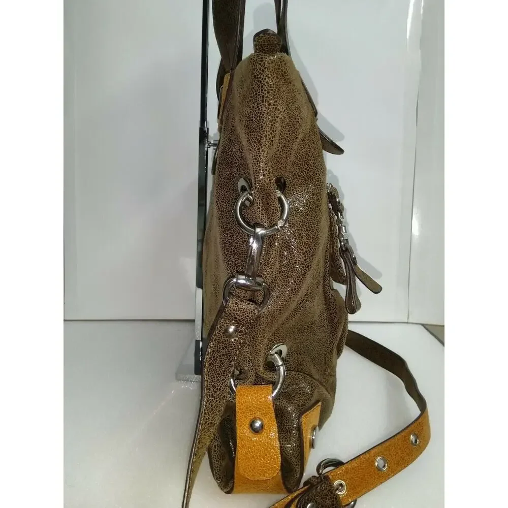 B. Makowsky Brown Metallic Leather Large Satchel Shoulder Bag